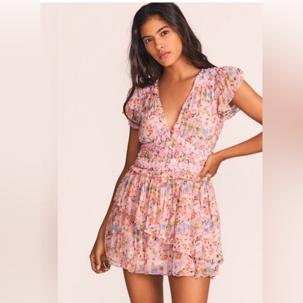 LoveShackFancy Pink Floral Mini Dress